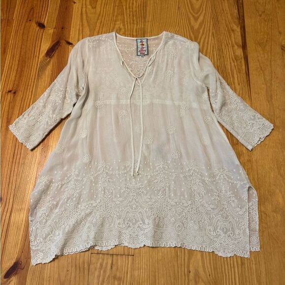 Johnny Was Ivory Women’s Size XS Eyelet 3/4 Sleeve Tunic Dress Embroidered Lace - Picture 3 of 9